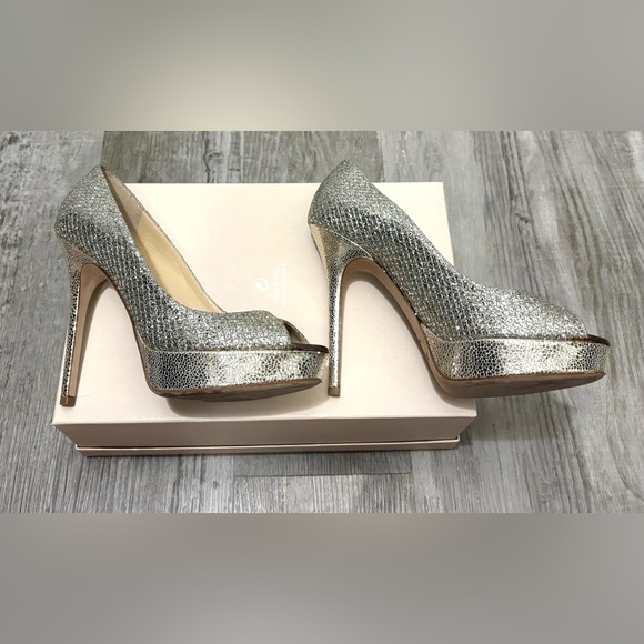 Jimmy Choo Crown Glitter Fabric Champagne Peep Toe Pumps Heels Size 38 - Picture 12 of 12